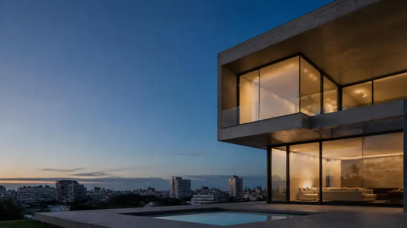 Fachada de casa de hormigón y vidrio con pileta, iluminada al anochecer