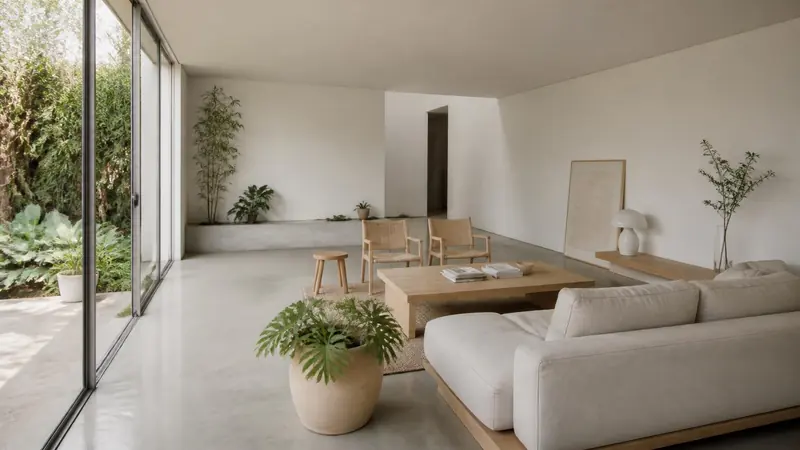 Living de paredes blancas con ventanal de piso a techo hacia un jardín