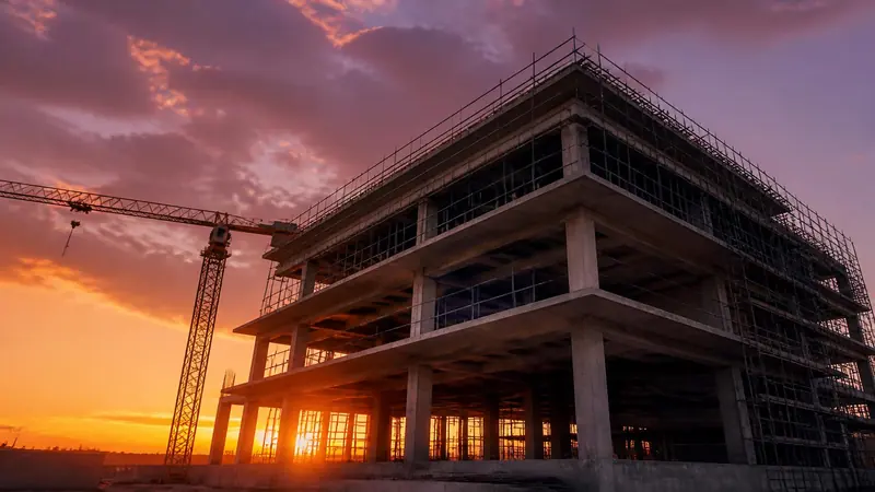 Estructura de hormigón con andamios y grúa al atardecer
