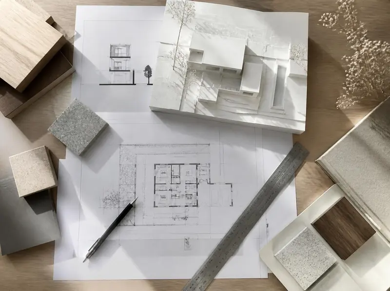 Planos, maqueta y muestras de materiales de un anteproyecto