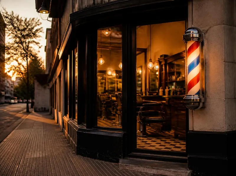 Frente de la barbería al caer la tarde, con la vidriera iluminada y el poste de barbero prendido en la esquina