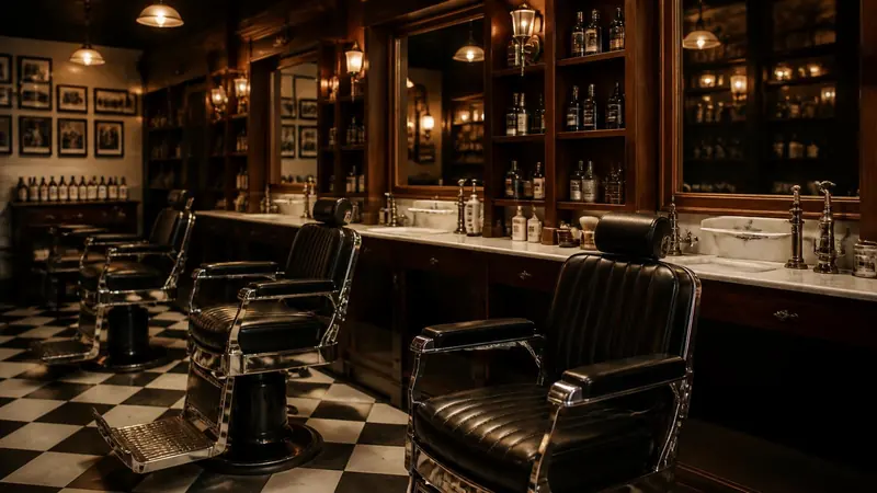 Salón de la barbería: sillones clásicos de cuero negro, mesada de mármol con espejos de madera y piso damero blanco y negro