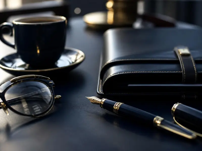 Escritorio oscuro con lapicera, taza de café, anteojos y agenda de cuero