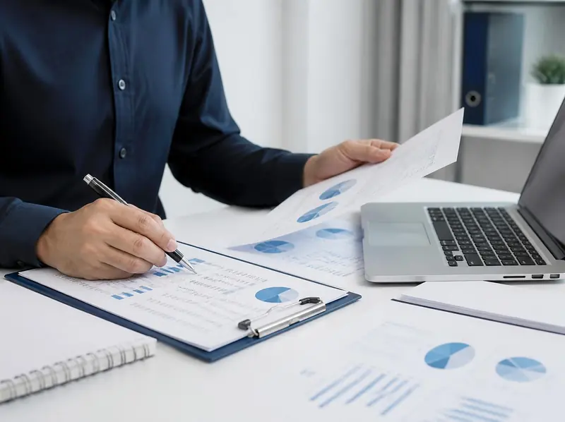 Contador con camisa revisando informes con gráficos junto a una notebook