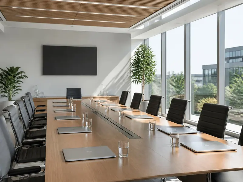 Sala de reuniones del estudio, luminosa, con una mesa larga de madera y ventanales