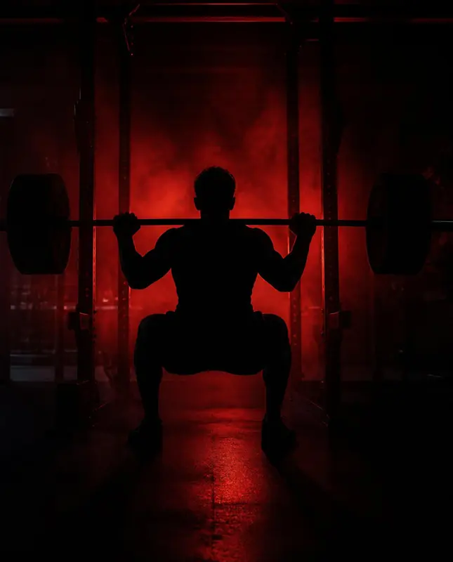 Atleta en contraluz haciendo una sentadilla con barra dentro de una jaula, con fondo rojo