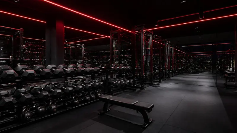 Sala de Forja a oscuras: racks de mancuernas hexagonales, jaulas de sentadilla y un banco plano, con líneas de luz roja en el techo