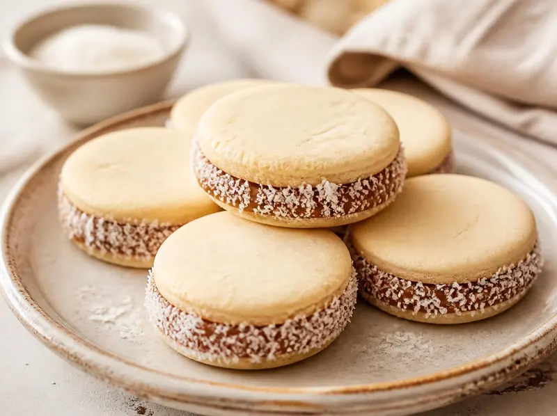 Alfajores de maicena rellenos de dulce de leche, con el borde pasado por coco rallado, en un plato de cerámica