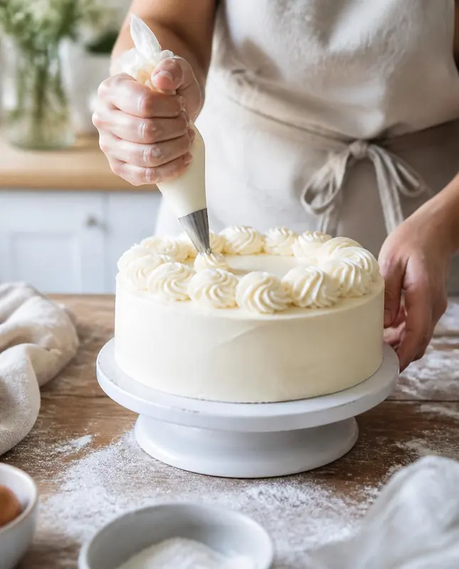 Manos con manga pastelera decorando con copos de crema el borde de una torta blanca sobre un giratorio
