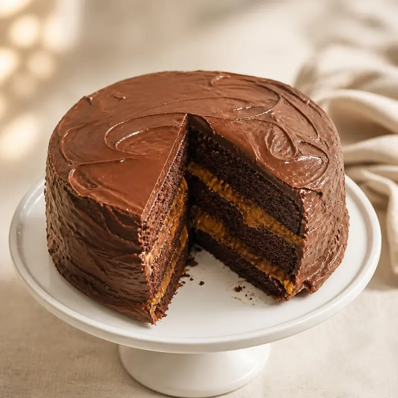 Torta de chocolate cubierta con ganache, cortada, con capas de dulce de leche a la vista
