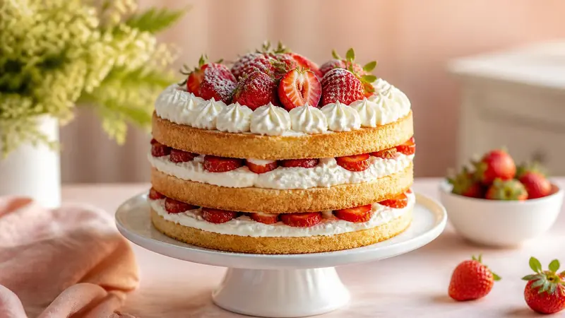 Torta de tres capas de bizcochuelo con crema chantilly y frutillas frescas, sobre un pie de torta blanco