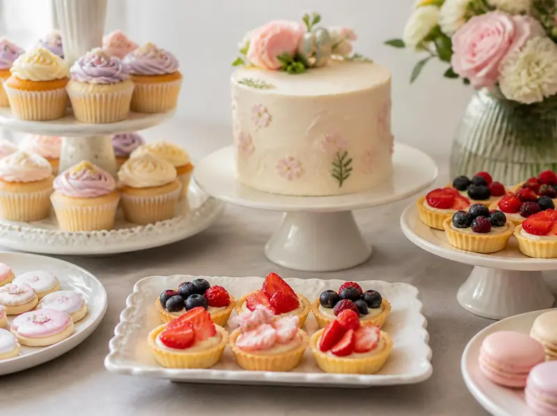 Mesa dulce con cupcakes de colores pastel, tartitas de frutos rojos, macarons y una torta decorada con flores