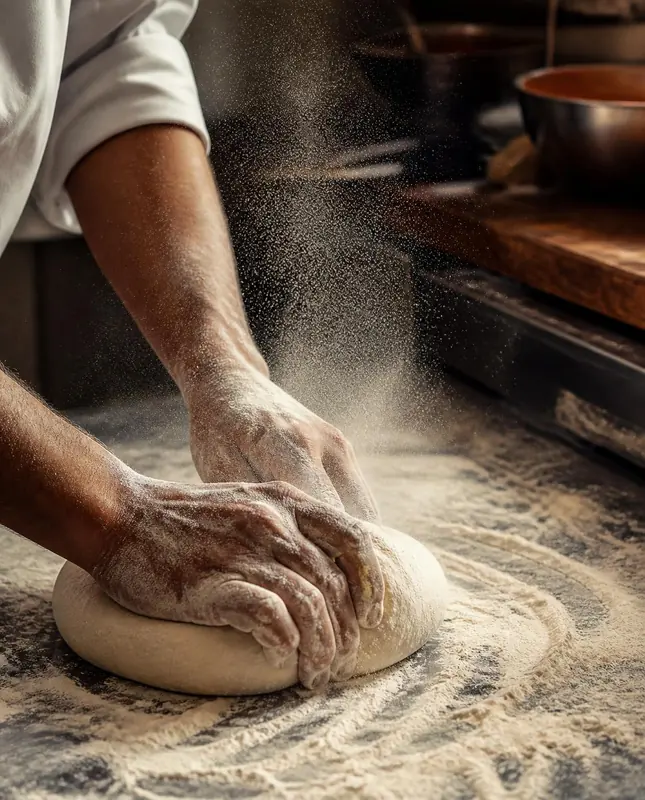 Manos enharinadas amasando un bollo de masa sobre la mesada