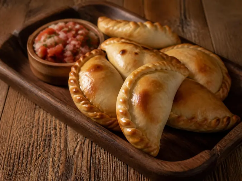 Empanadas doradas al horno con repulgue, sobre una tabla de madera junto a un cuenco de salsa