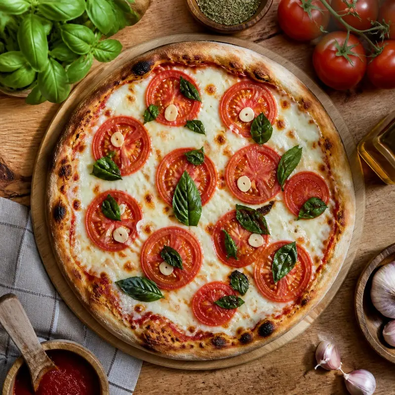 Pizza napolitana entera con rodajas de tomate, albahaca fresca y ajo