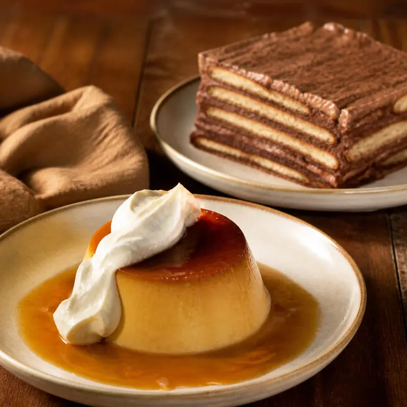 Flan casero con caramelo y crema, y atrás una porción de torta de chocolate en capas