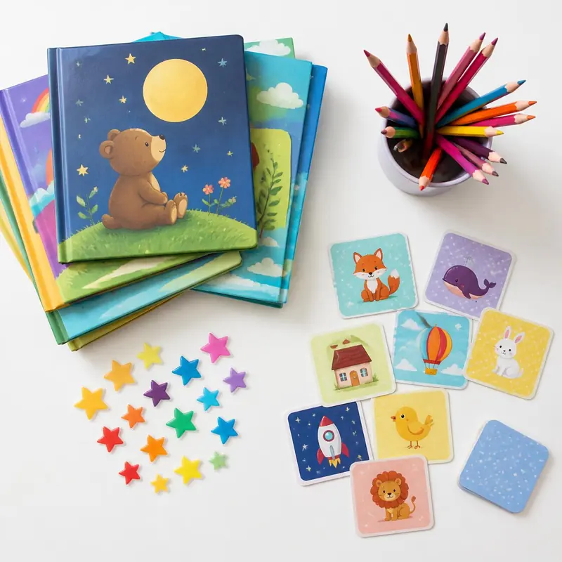 Libros de cuentos infantiles, tarjetas con dibujos de animales, estrellitas de colores y lápices vistos desde arriba