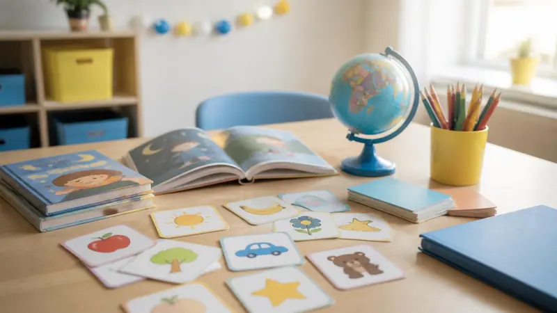 Mesa preparada para la clase: un libro infantil abierto, tarjetas con dibujos, un globo terráqueo y un vaso con lápices de colores
