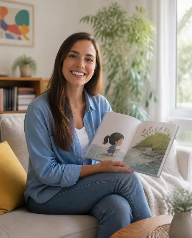 Sol, la profe, sonriendo sentada en un sillón con un libro de cuentos abierto