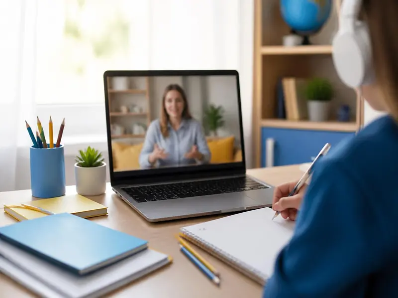 Una alumna con auriculares toma apuntes frente a la notebook mientras la profe le habla por videollamada