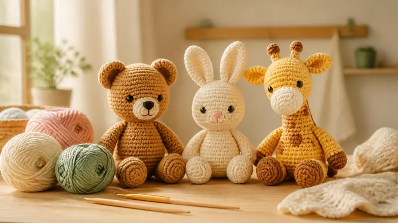 Un osito, una conejita y una jirafa tejidos al crochet, sentados sobre una mesa de madera junto a ovillos de lana