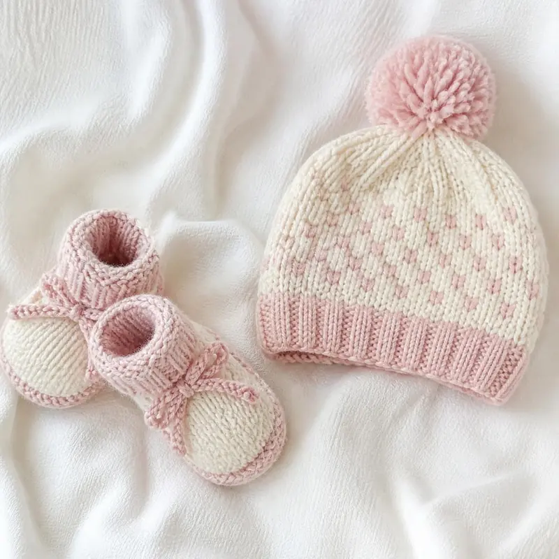 Gorrito tejido color crema con pompón rosa