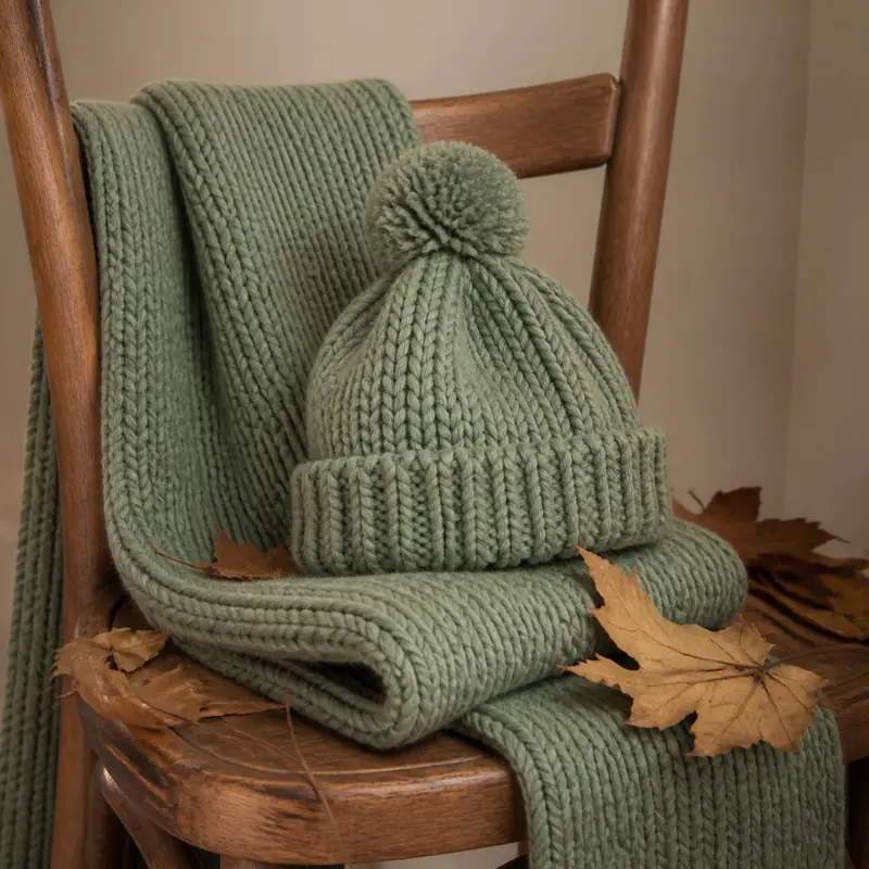 Bufanda y gorro verdes tejidos sobre una silla de madera