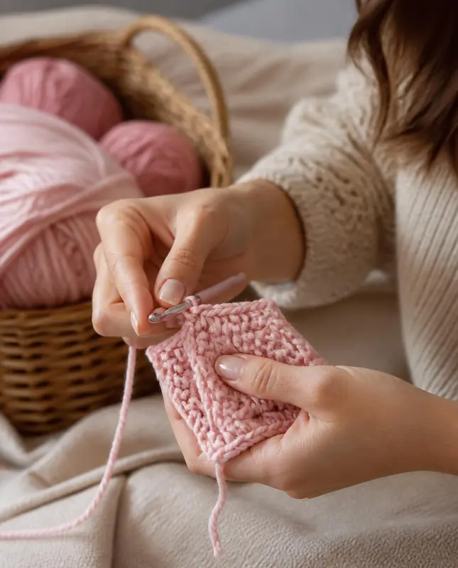 Manos tejiendo al crochet un cuadrado de lana rosa, con ovillos rosa en una canasta de mimbre