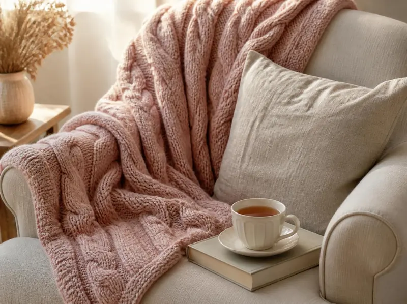 Manta rosa de punto trenzado sobre un sillón