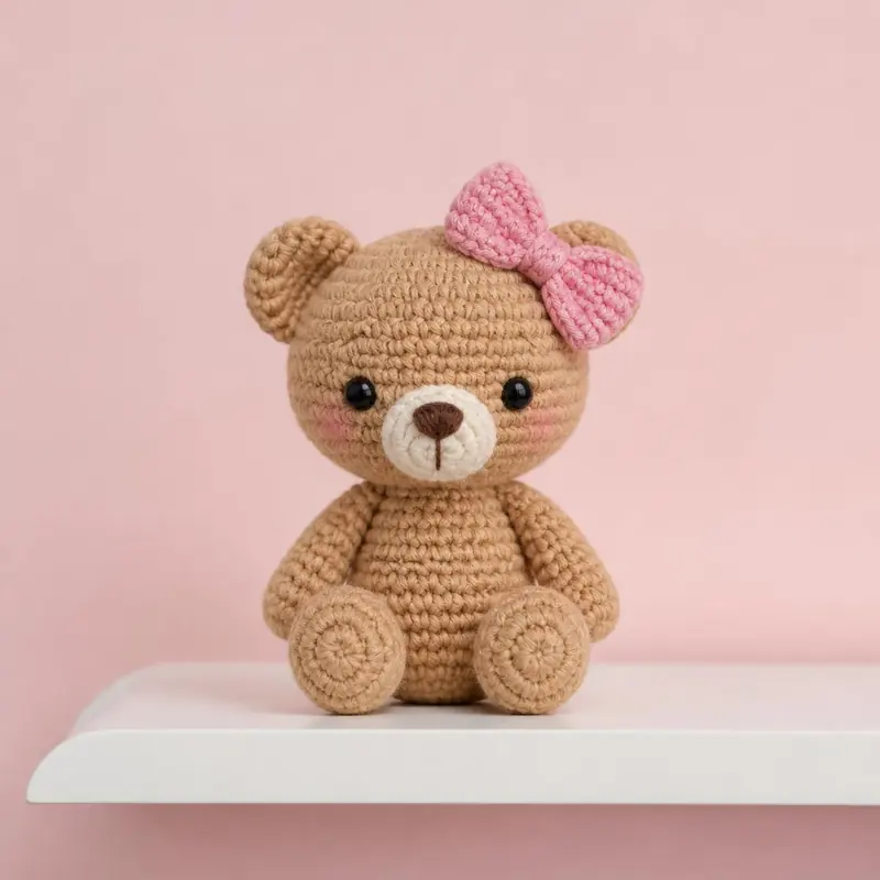 Osito tejido al crochet con moño rosa