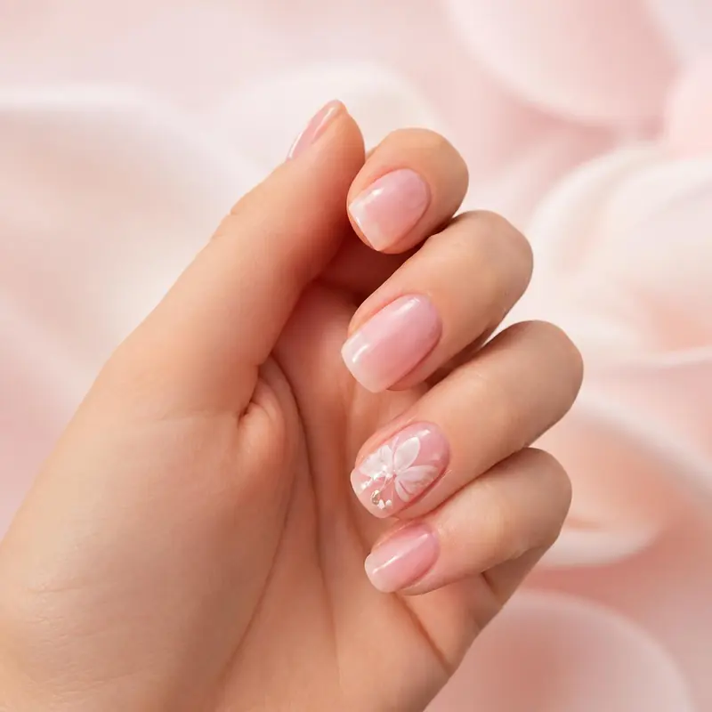 Mano con uñas cortas rosa suave y una flor blanca pintada en el anular, sobre fondo rosa