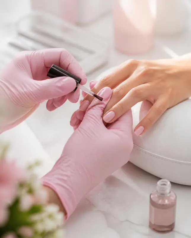 Manicurista con guantes rosa pintando las uñas de una clienta, al lado de un frasco de esmalte rosado