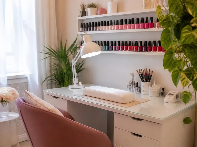 Rincón del estudio: mesa blanca de manicura con lámpara, sillón rosa, estantes llenos de esmaltes de colores y plantas junto a la ventana