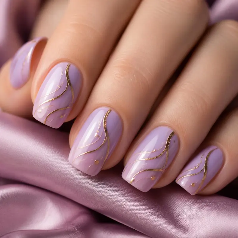 Uñas largas color lila con líneas doradas finas, apoyadas sobre una tela de satén lila